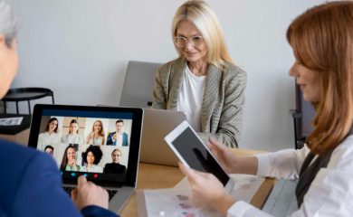 Female executivies in a typical video meeting now common of the gig economy