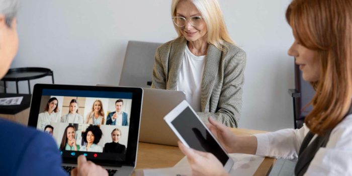 Female executivies in a typical video meeting now common of the gig economy