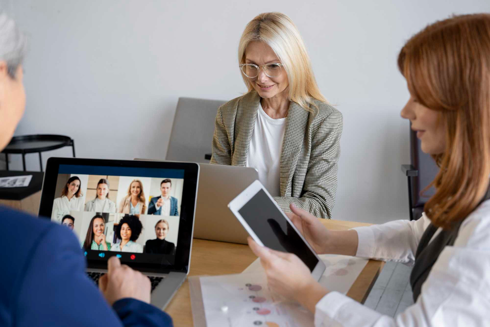 Female executivies in a typical video meeting now common of the gig economy